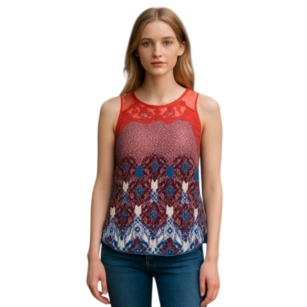 Daniel Rainn Lace Floral Jewel Neck Sleeveless Button Back Blouse Top Size PM